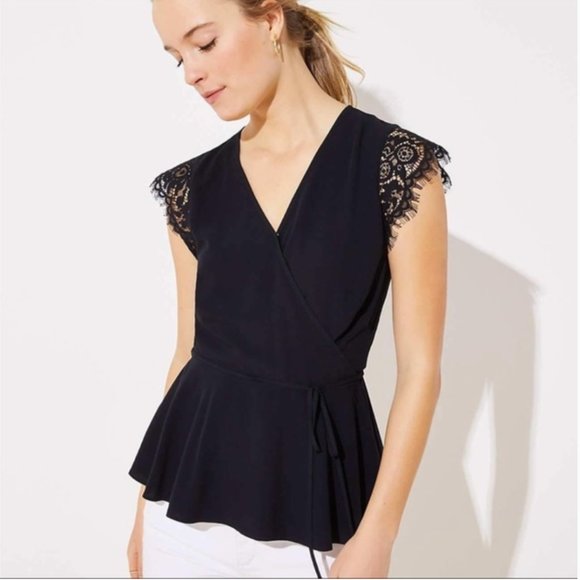 LOFT Tops - NWT Black wrap blouse by Loft. Lace Flutter short sleeves.Size M